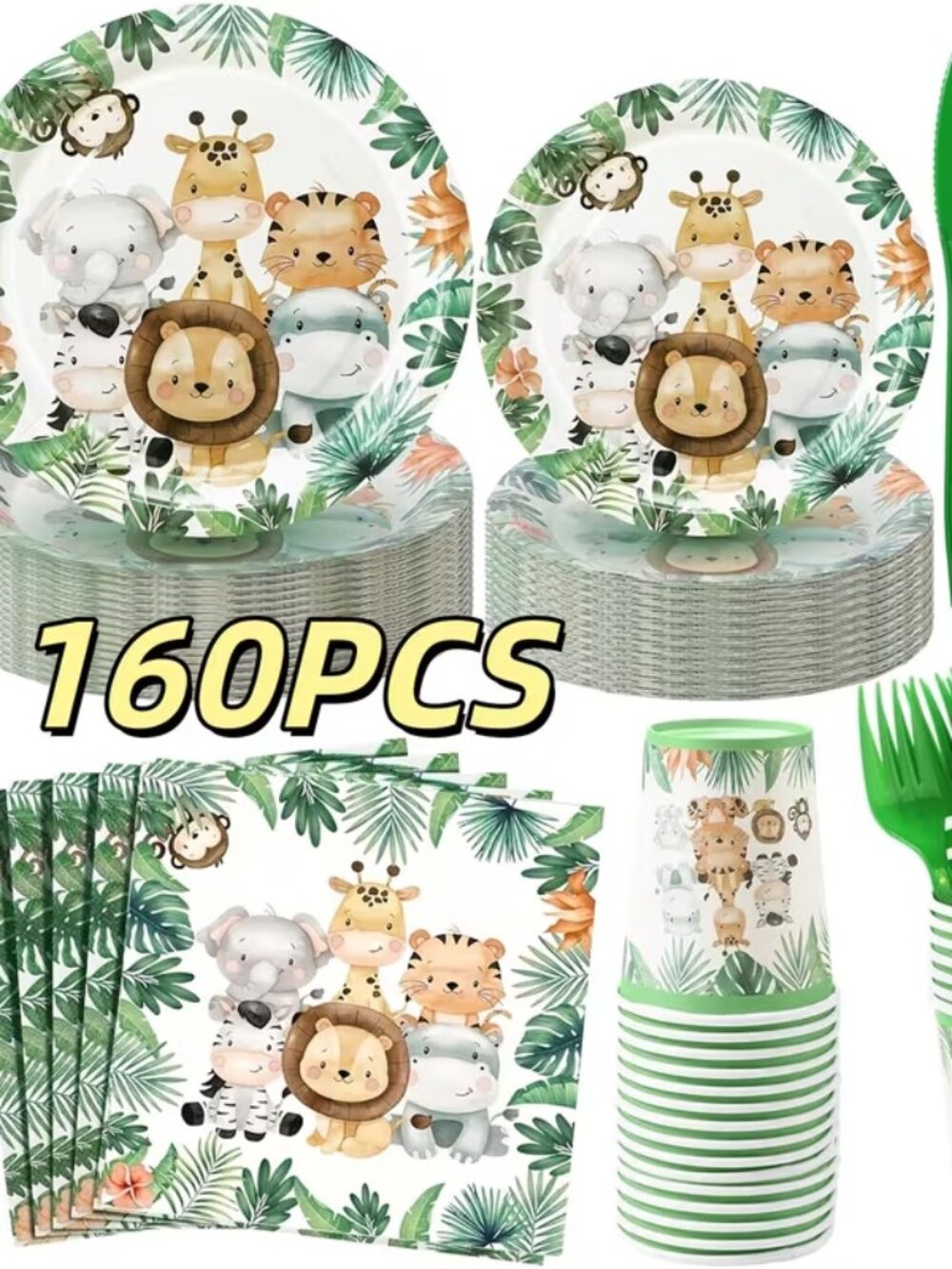 🦁🌿 Set de Vajilla Desechable Safari – 160 Piezas